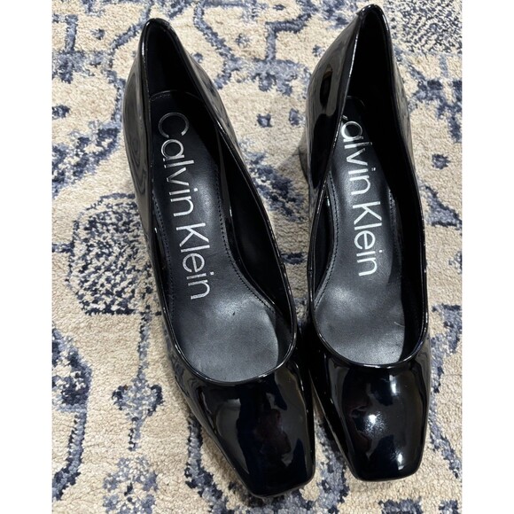 CALVIN KLEIN Square Toe Block Heel Dress Pump Women 8.5M Black Shiny Black Heel - Picture 7 of 7